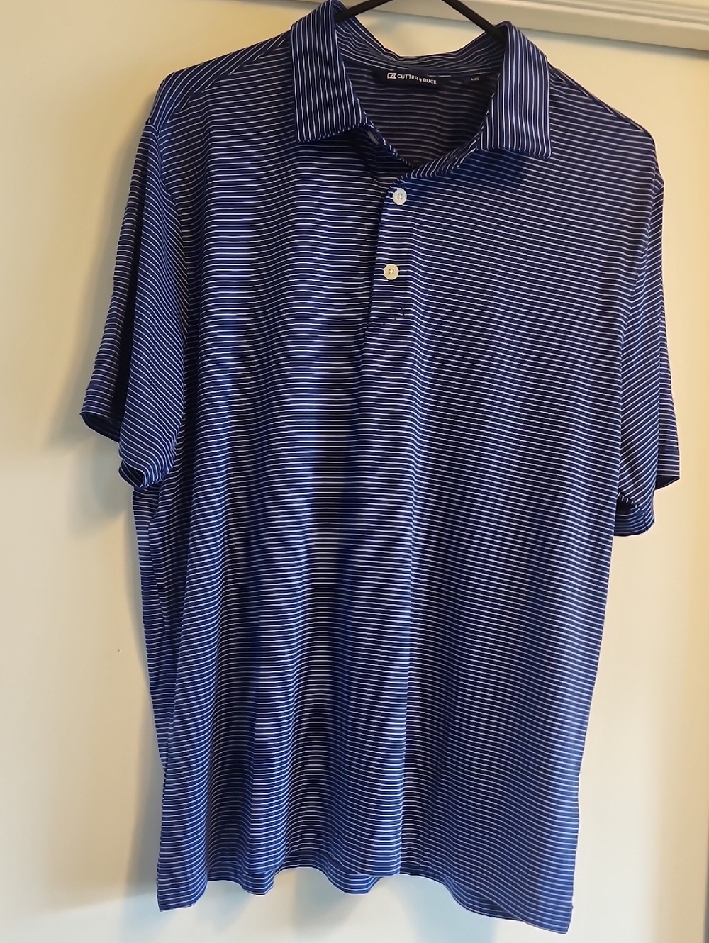 Mens blue striped Cutter & Buck performance polo shirt L